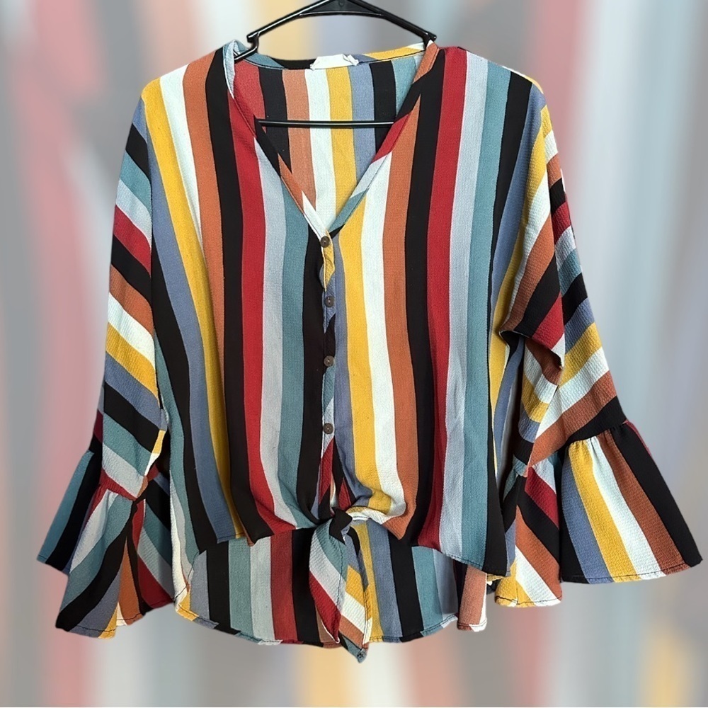 Altar’s StateRetro Tie Front Blouse Medium Vertical Stripe Knotted Crop 70s
